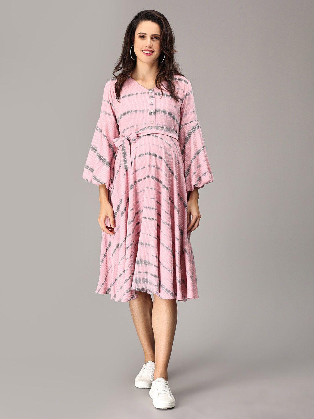 the mom store pink print bell sleeve a-line dress