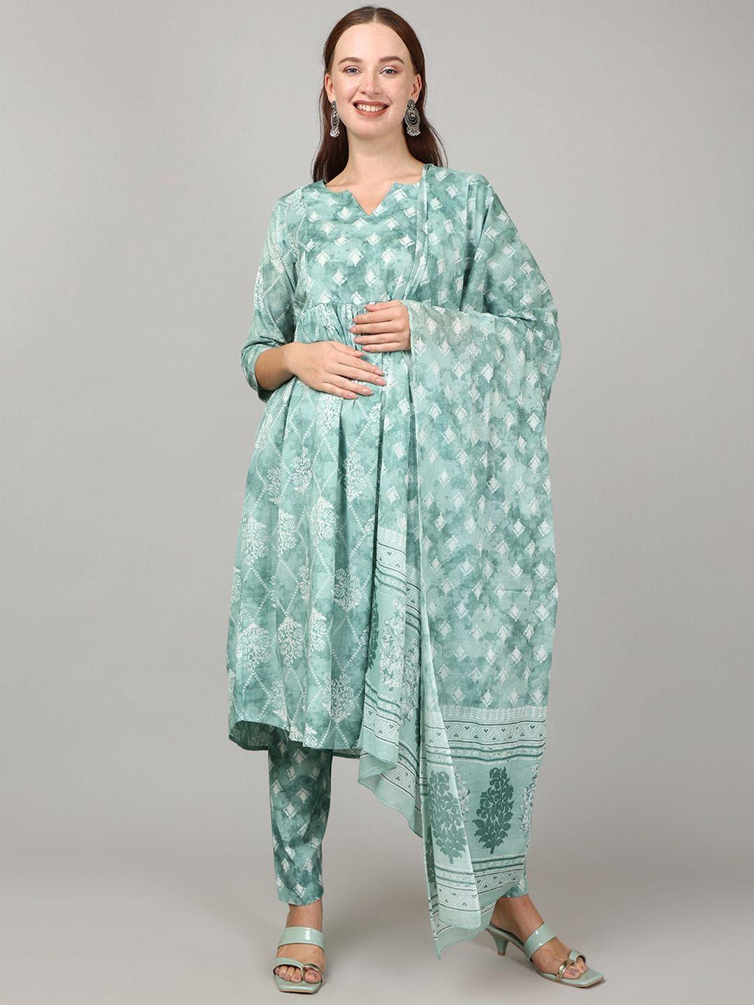 the mom store printed pure cotton a-line maternity kurta & trousers with dupatta