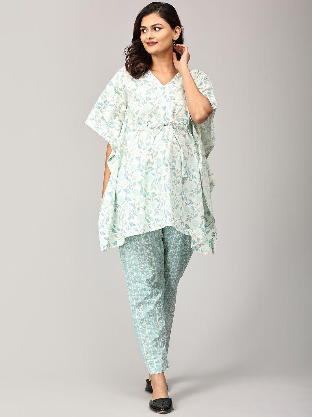 the mom store printed pure cotton maternity & nursing kaftan with trousers co-ords