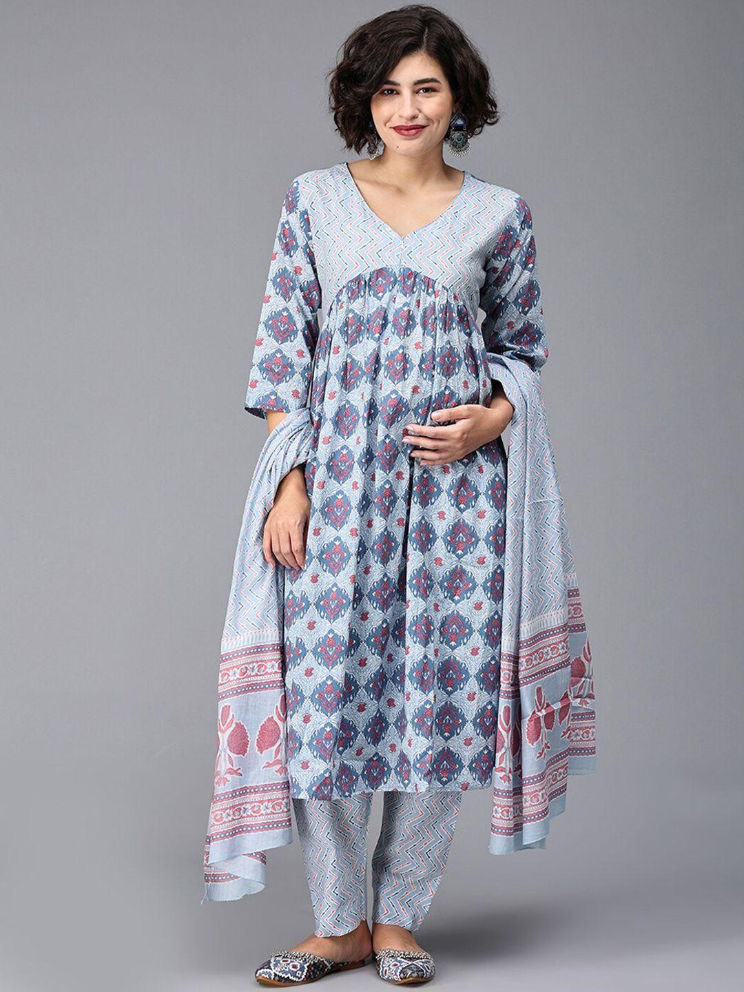the mom store printed pure cotton maternity a-line kurta with trousers & with dupatta