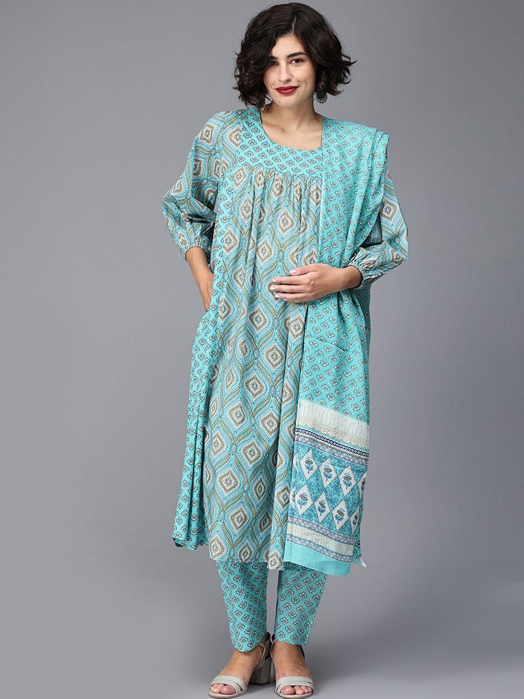 the mom store printed pure cotton maternity a-line kurta with trousers & with dupatta