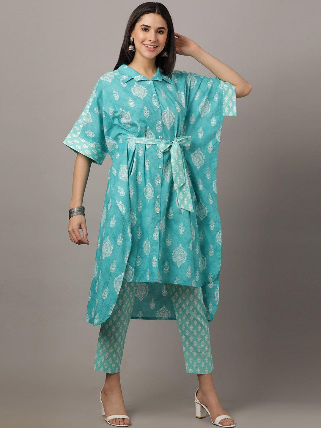 the mom store printed pure cotton shirt collar kaftan with trousers co-ords