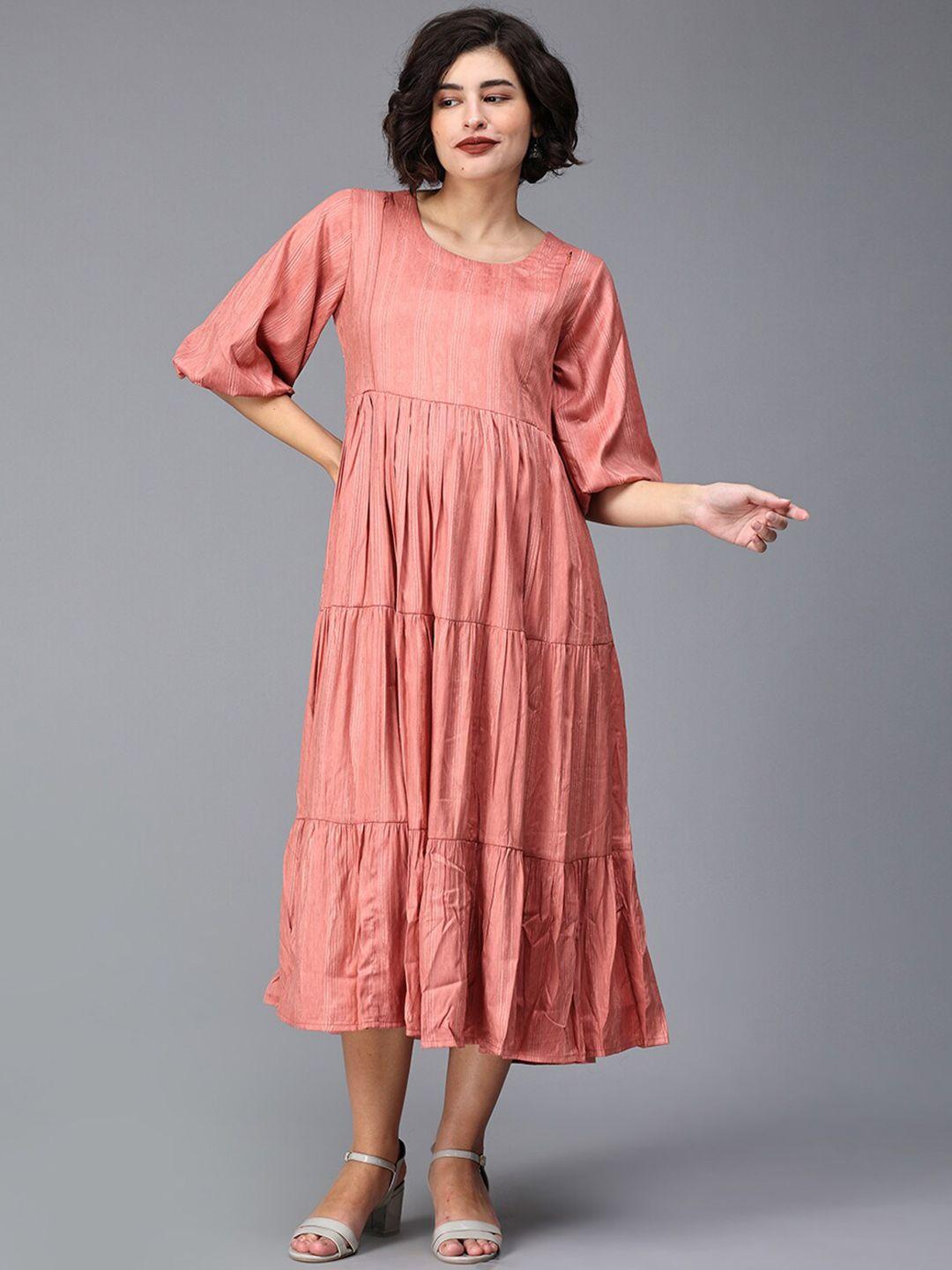 the mom store puff sleeves tiered cotton maternity fit & flare midi dress