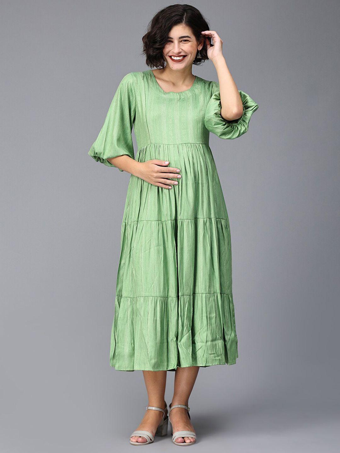 the mom store puff sleeves tiered cotton maternity fit & flare midi dress