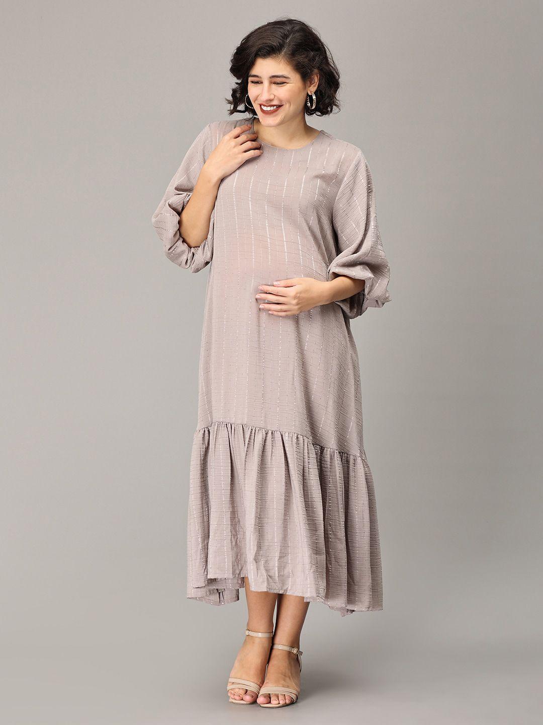 the mom store striped puff sleeves tiered maternity a-line midi dress