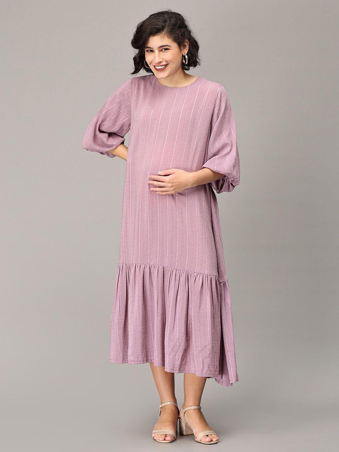 the mom store striped puff sleeves tiered maternity a-line midi dress