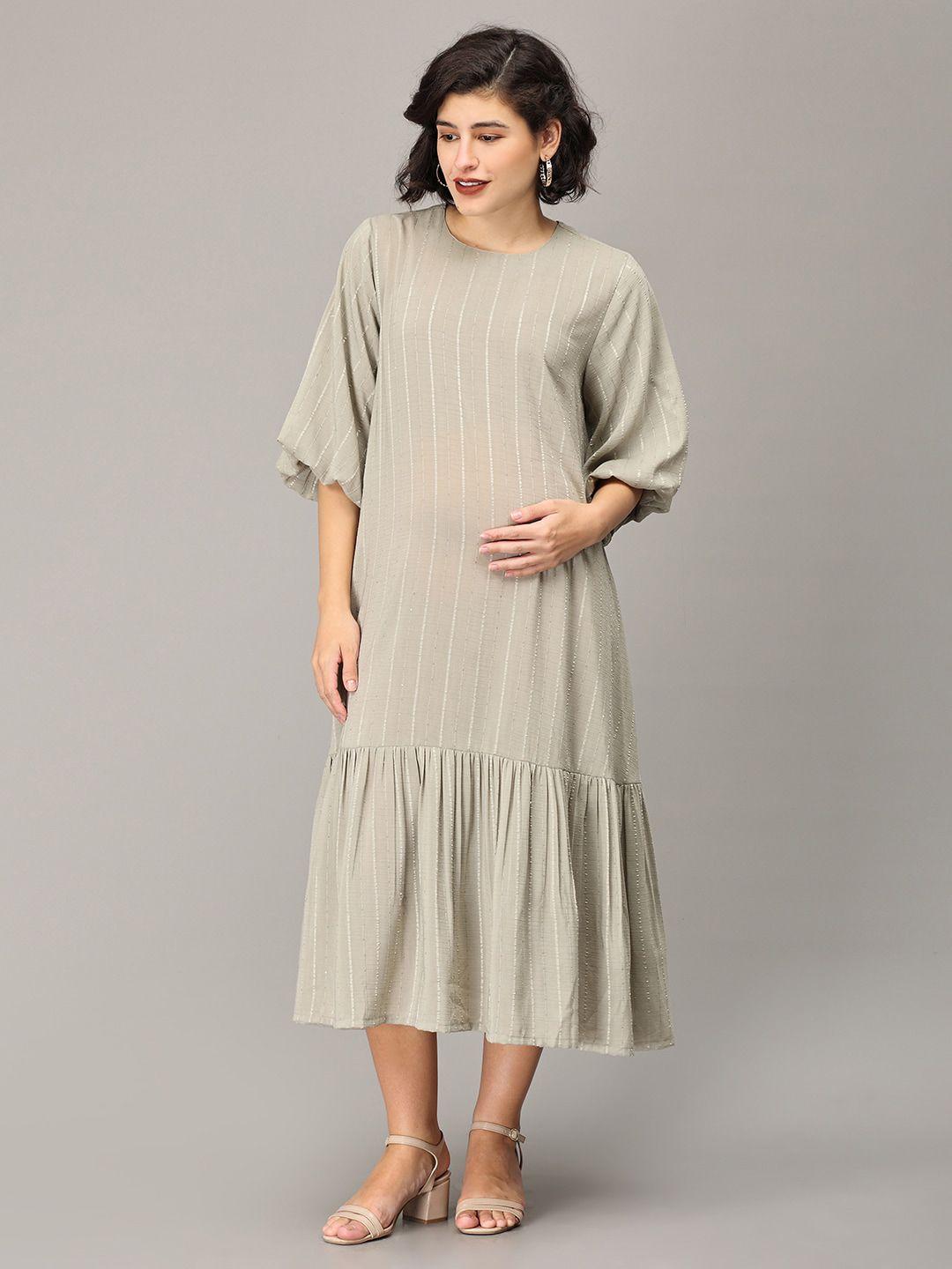 the mom store striped puff sleeves tiered maternity a-line midi dress