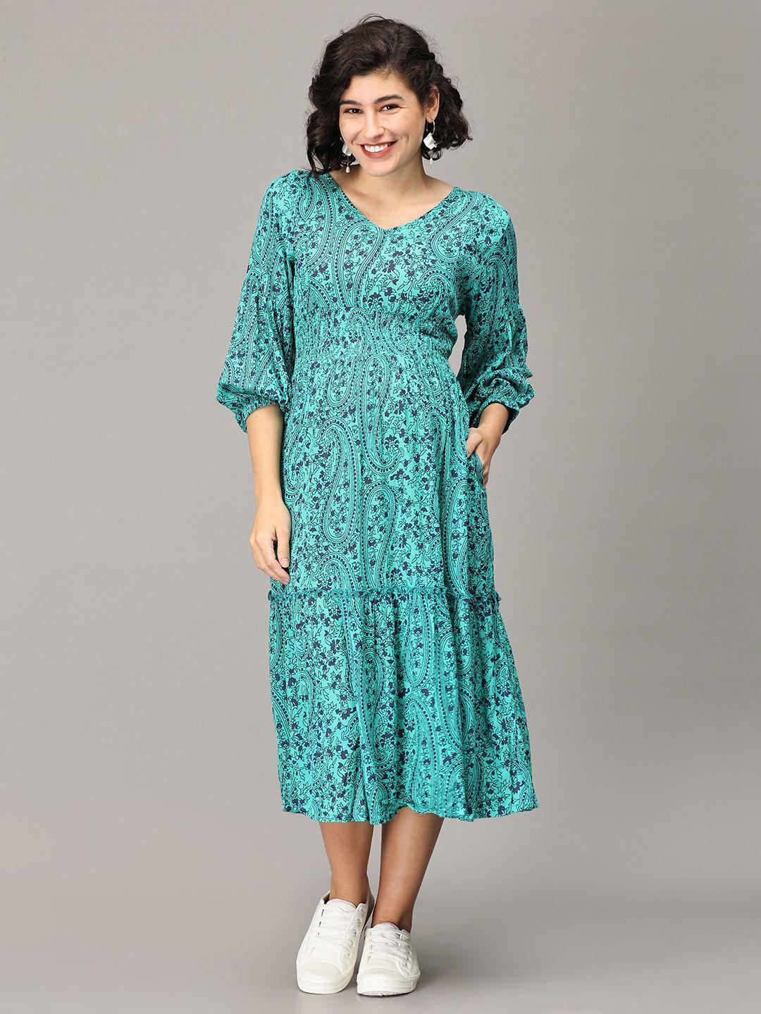 the mom store teal floral print empire midi dress