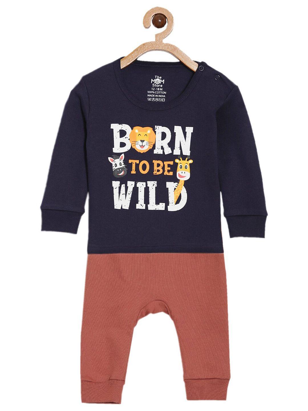 the mom store unisex kids blue & brown printed t-shirt with pyjamas