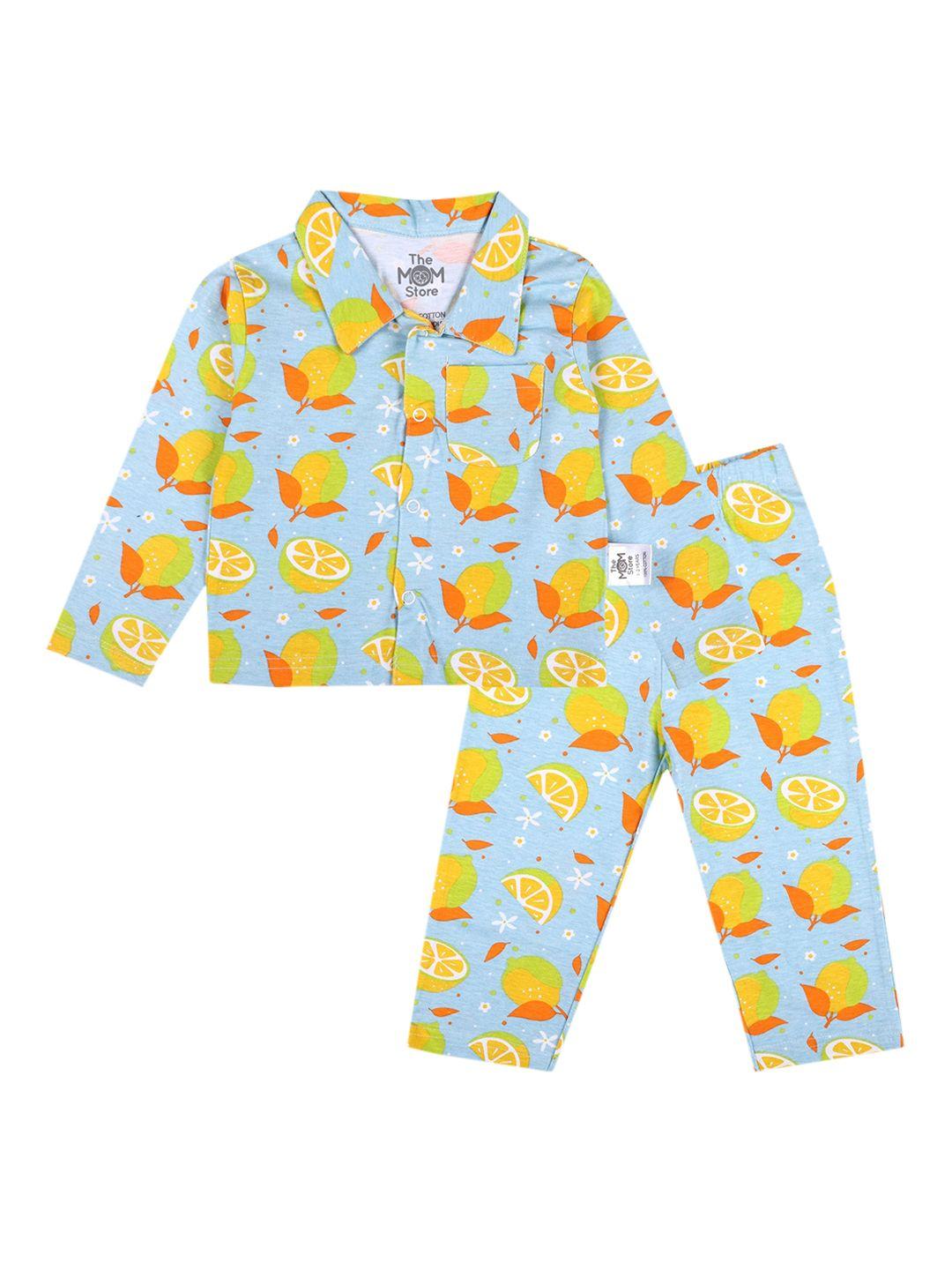 the mom store unisex kids blue & green printed night suit