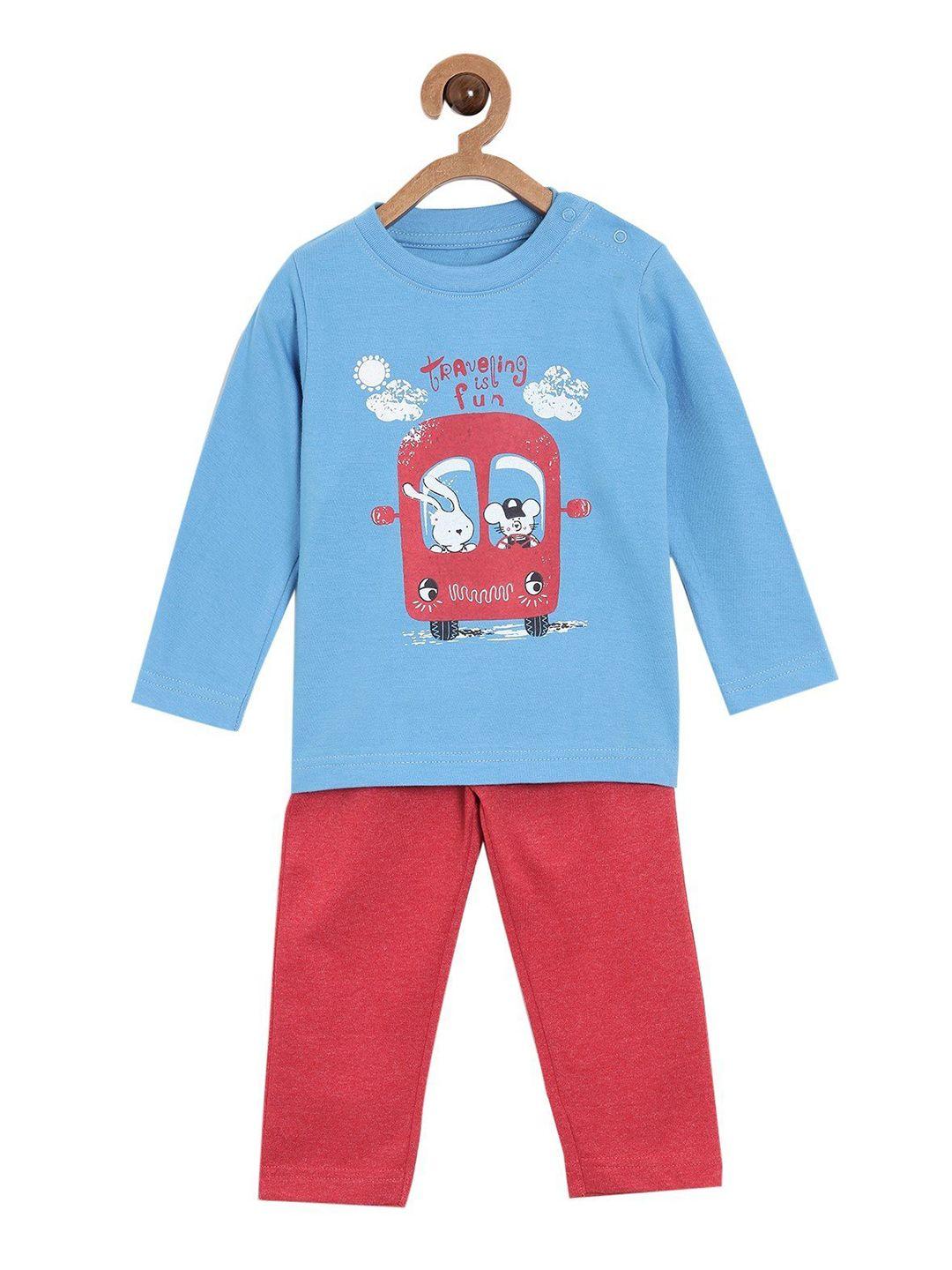 the mom store unisex kids blue & red printed cotton top with pyjamas