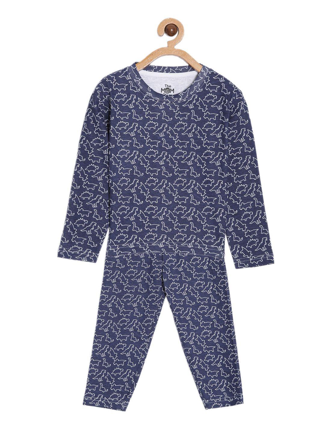 the mom store unisex kids blue & white printed night suit