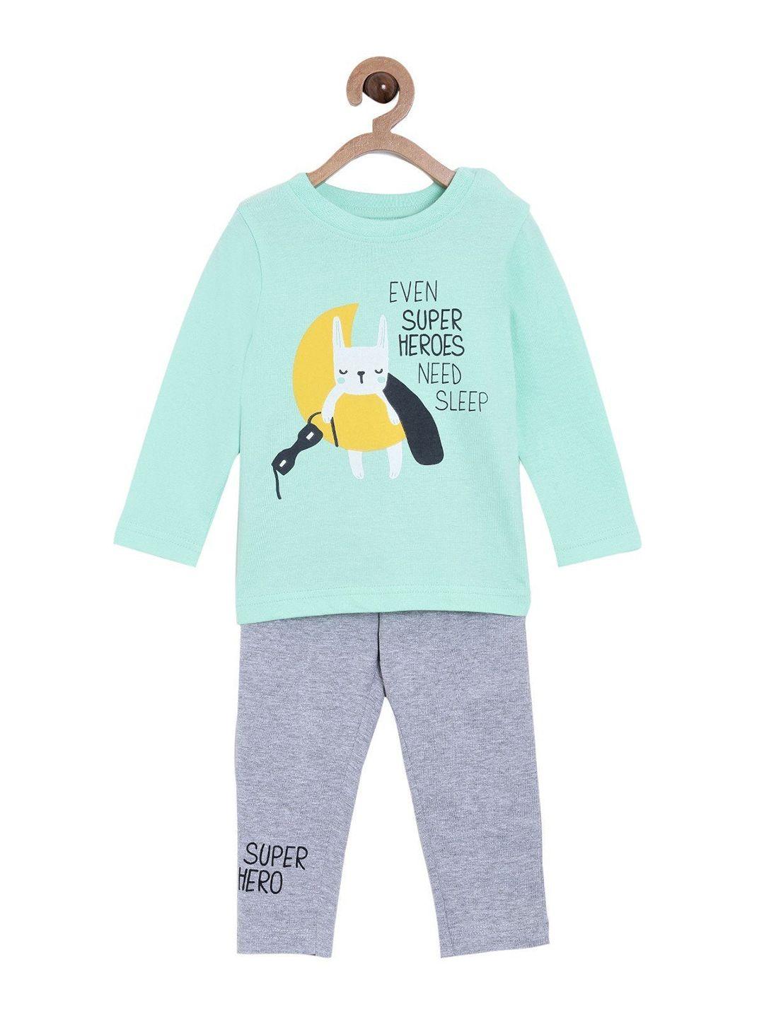 the mom store unisex kids green & grey printed night suit