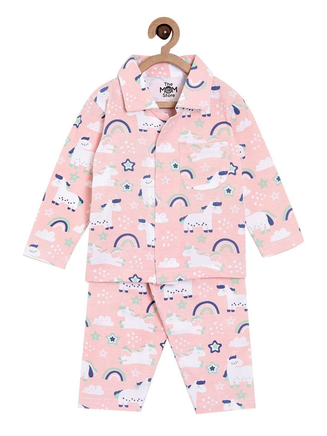 the mom store unisex kids peach-coloured pure cotton printed night suit