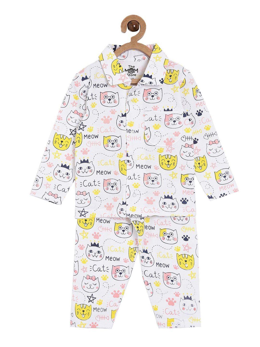 the mom store unisex kids pure cotton white & yellow printed night suit