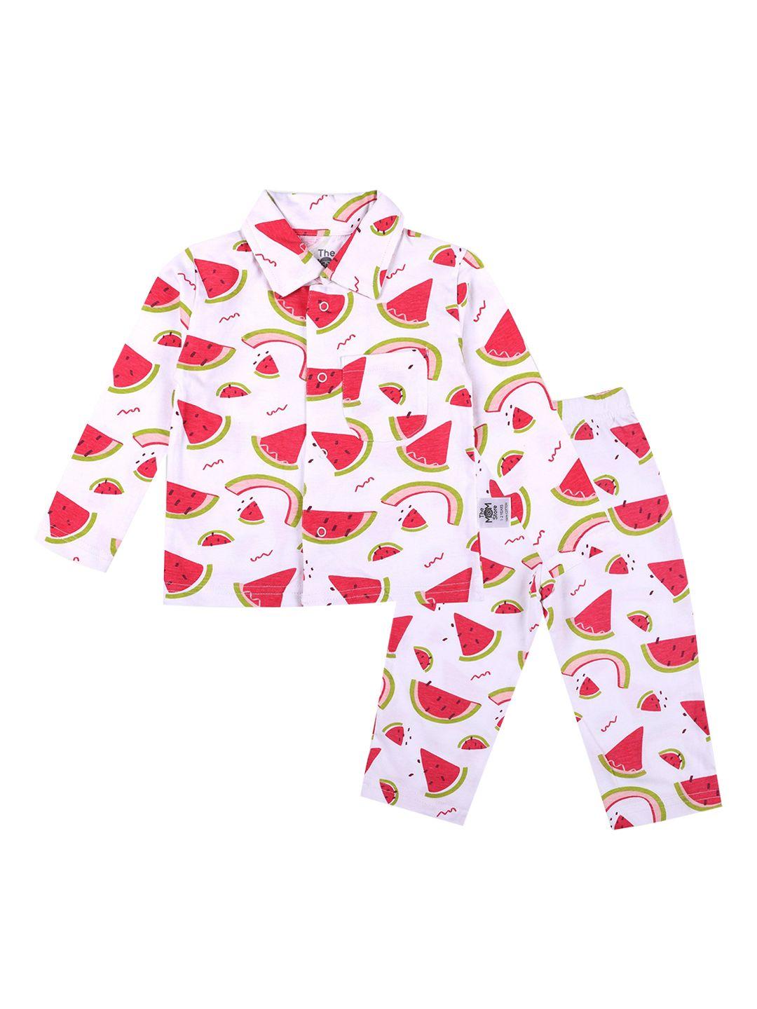 the mom store unisex kids red & white printed night suit