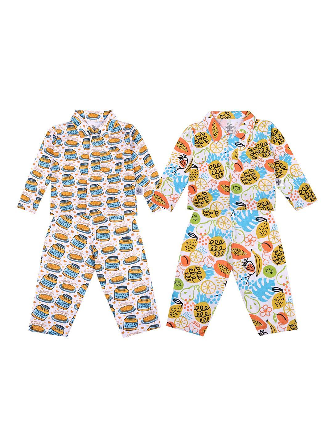 the mom store unisex kids white & blue printed night suit