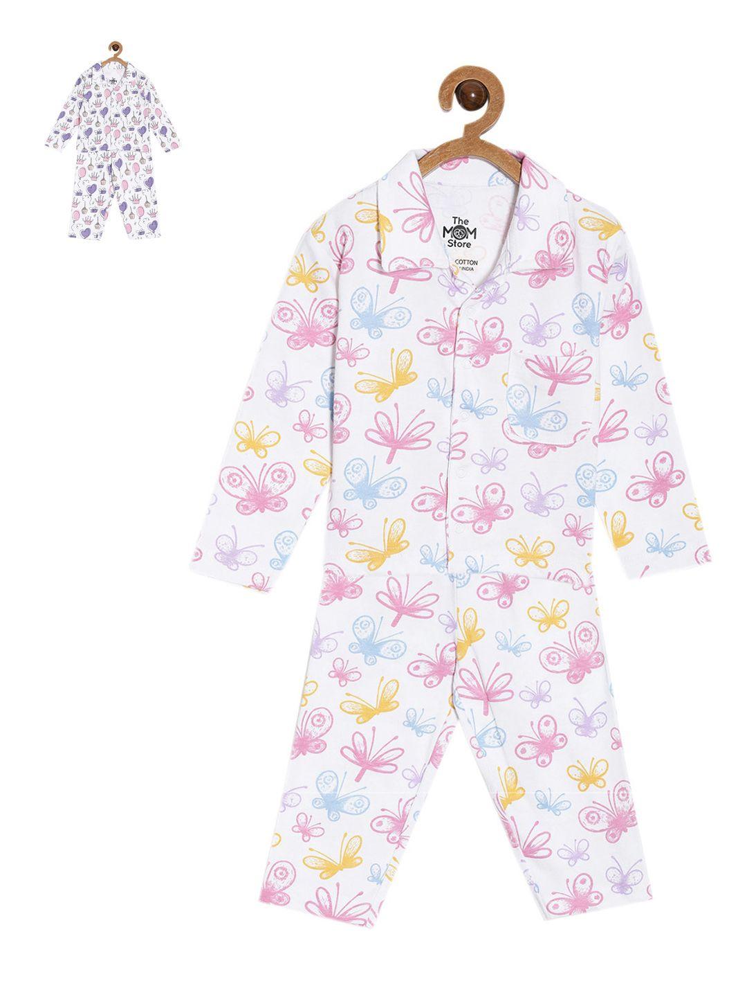 the mom store unisex kids white & pink printed night suit