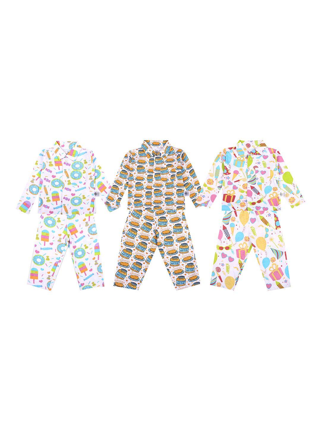 the mom store unisex kids white & yellow printed night suit