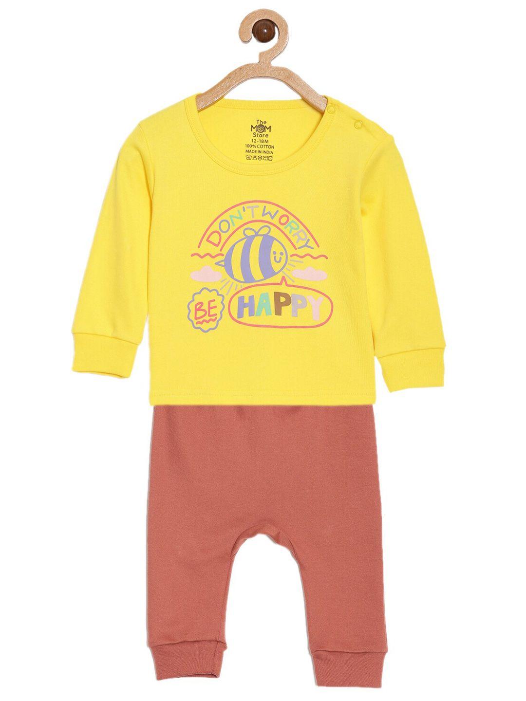 the mom store unisex kids yellow & brown printed t-shirt with pyjamas
