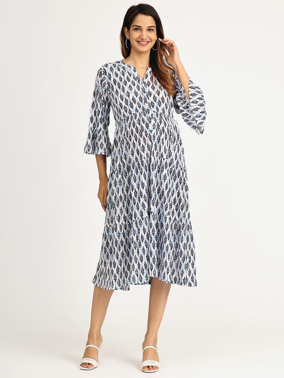 the mom store white & blue ethnic motifs printed maternity a-line midi dress