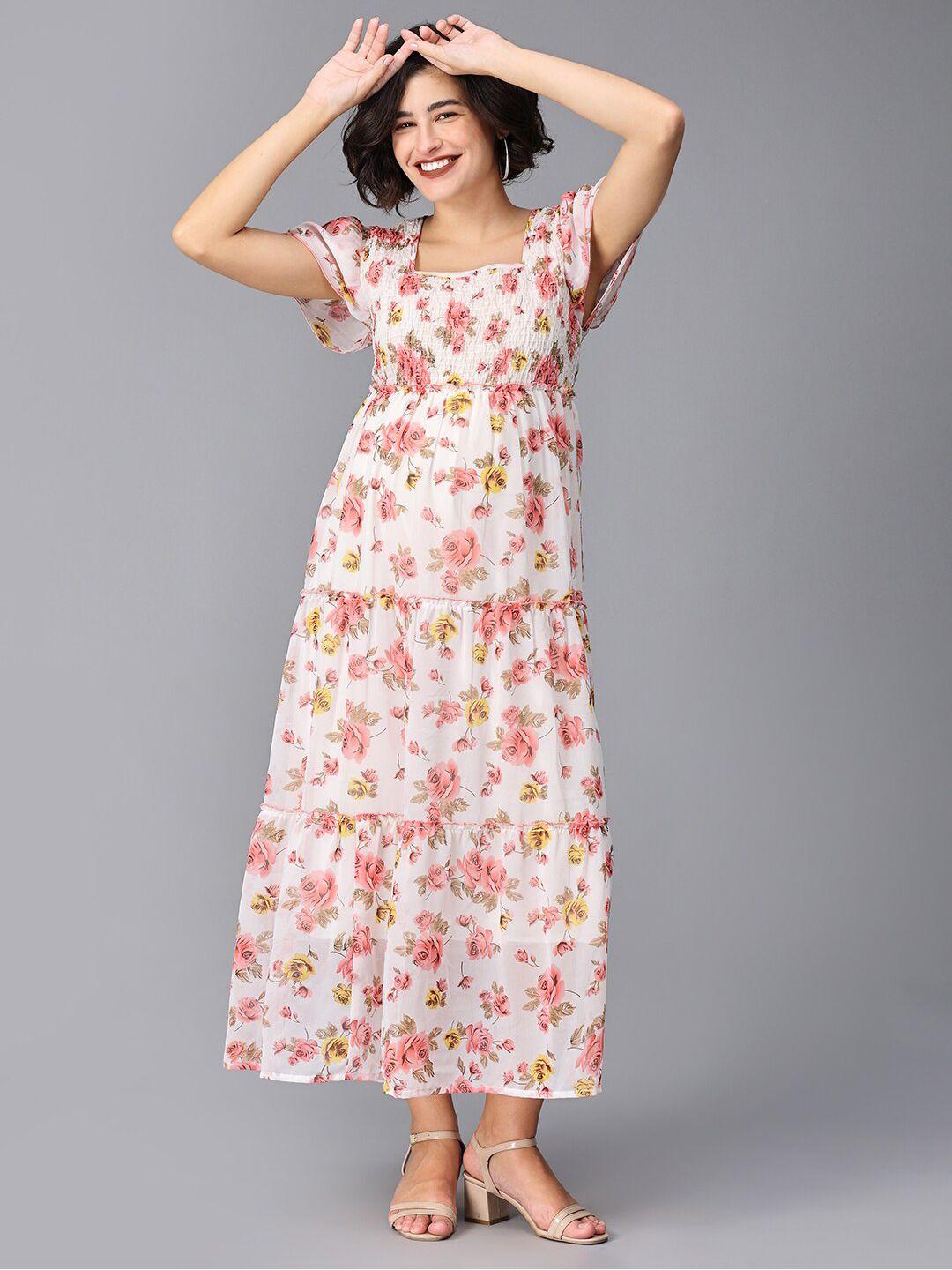 the mom store white floral print georgette maxi dress