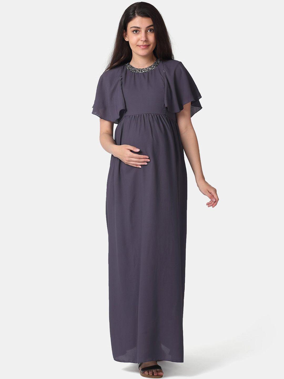 the mom store women charcoal grey solid maternity maxi dress
