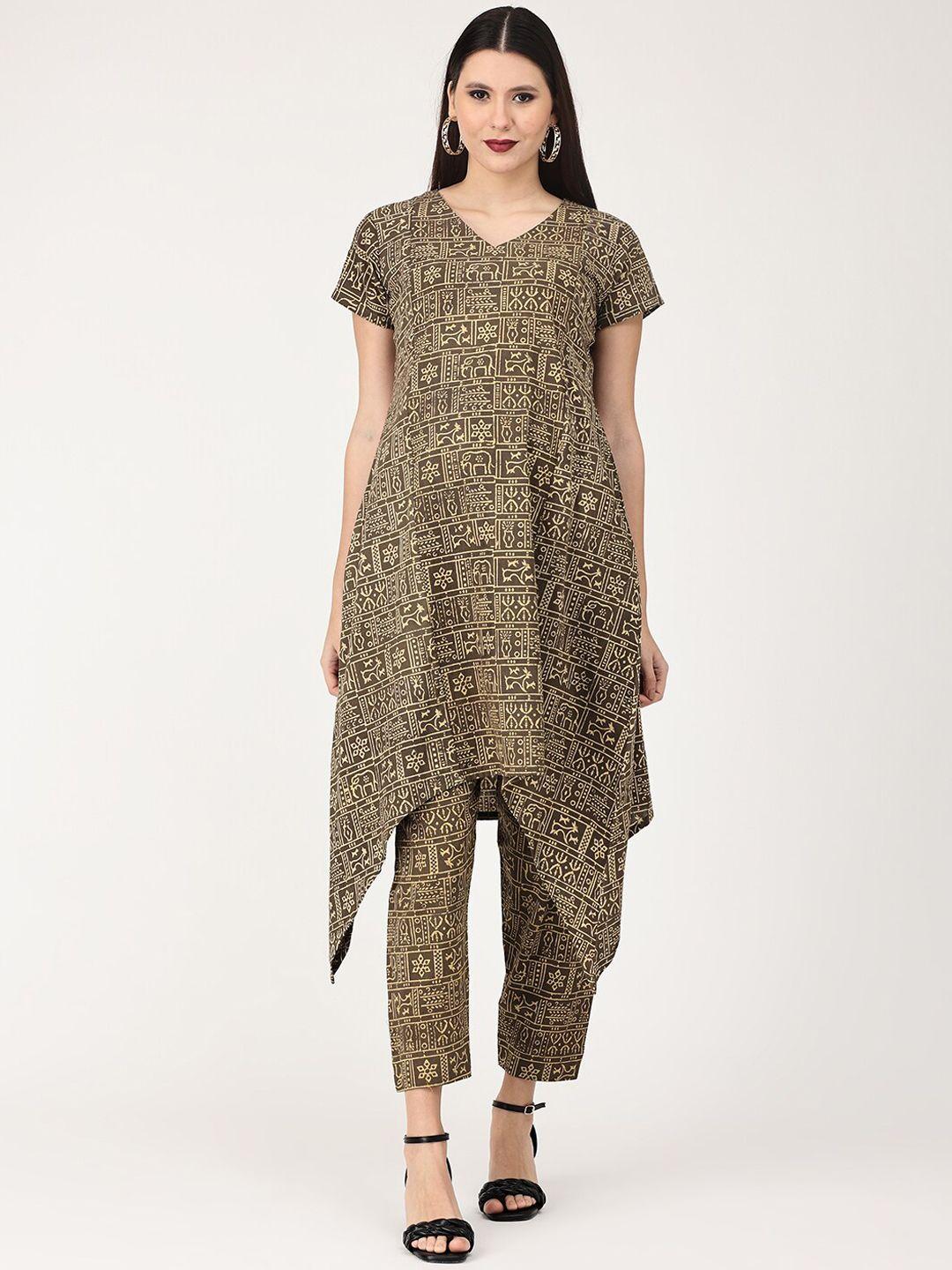 the mom store women ethnic motifs printed panelled pure cotton kurta with trousers