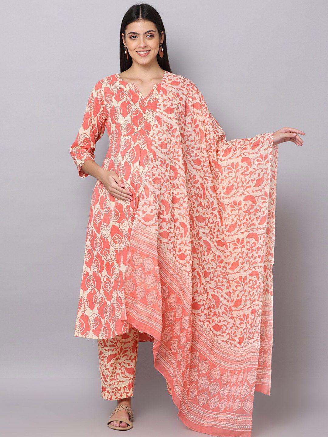 the mom store women ethnic motifs printed pure cotton kurta with palazzos & with dupatta