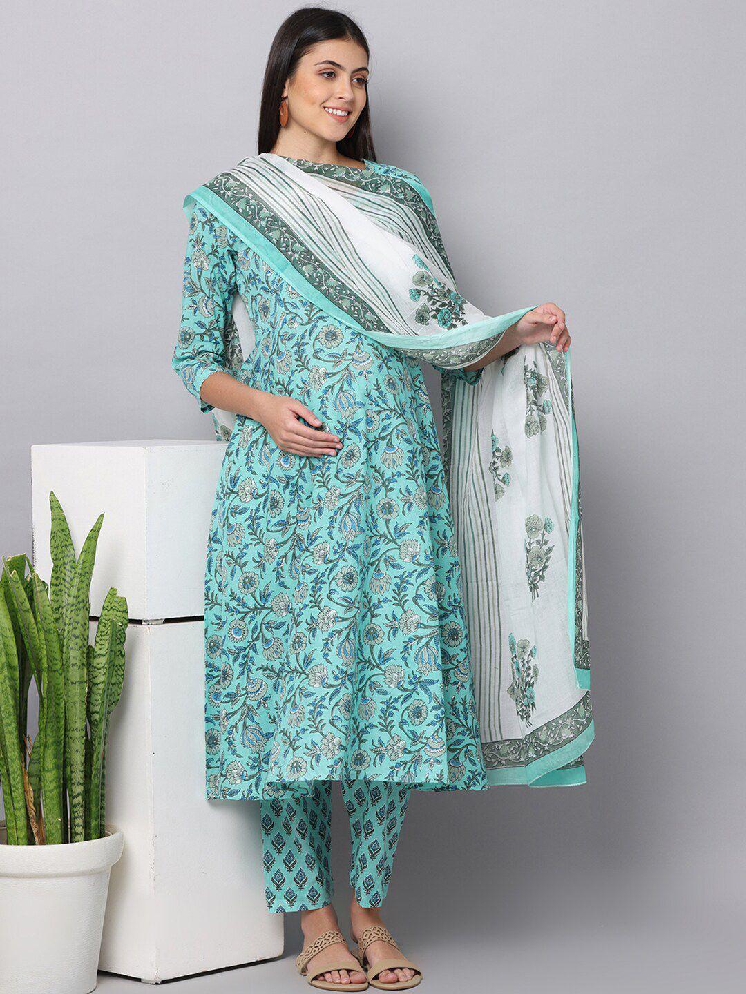 the mom store women floral printed pure cotton kurta with trousers & with dupatta