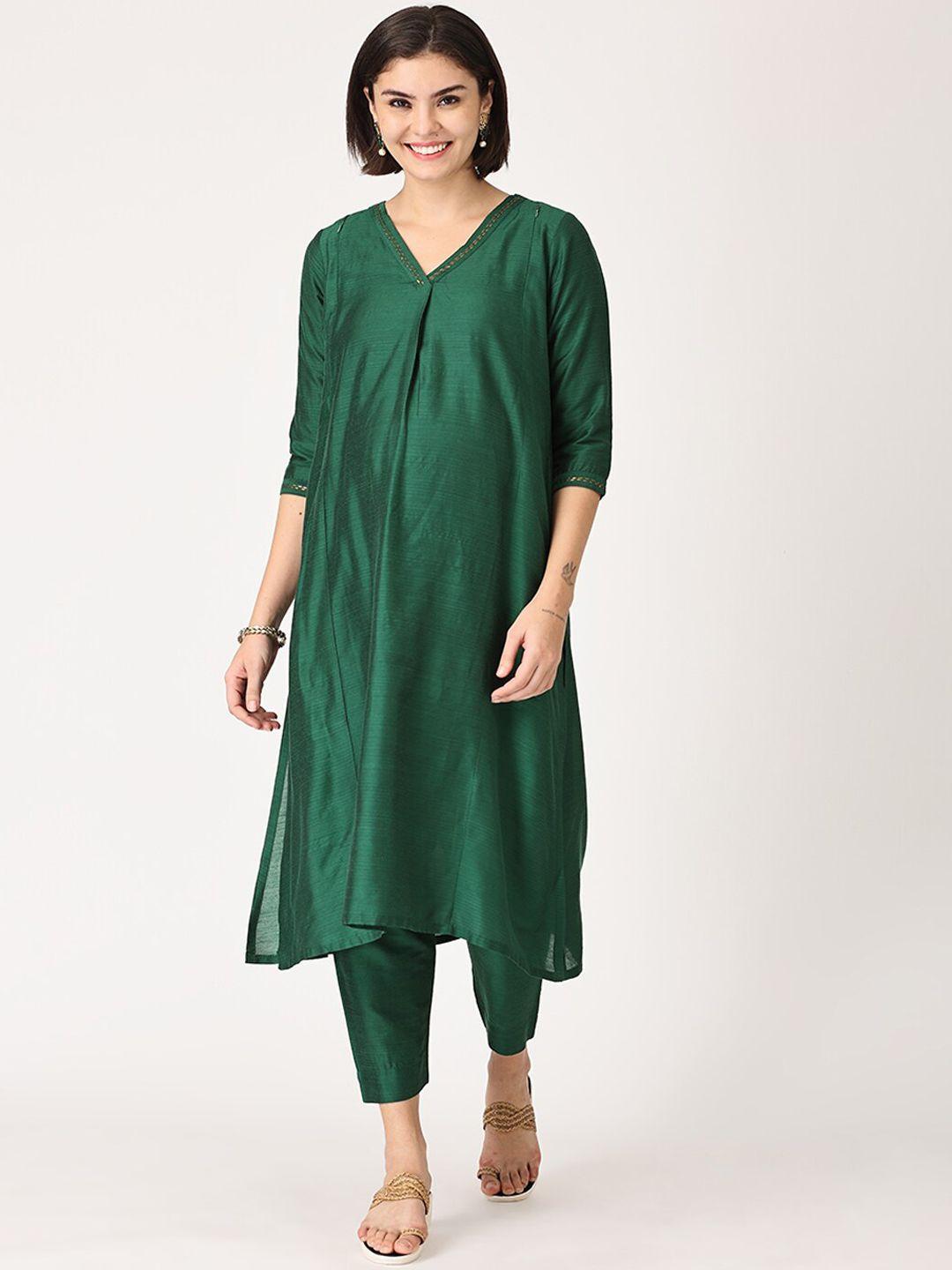 the mom store women green raw silk maternity kurta with trousers