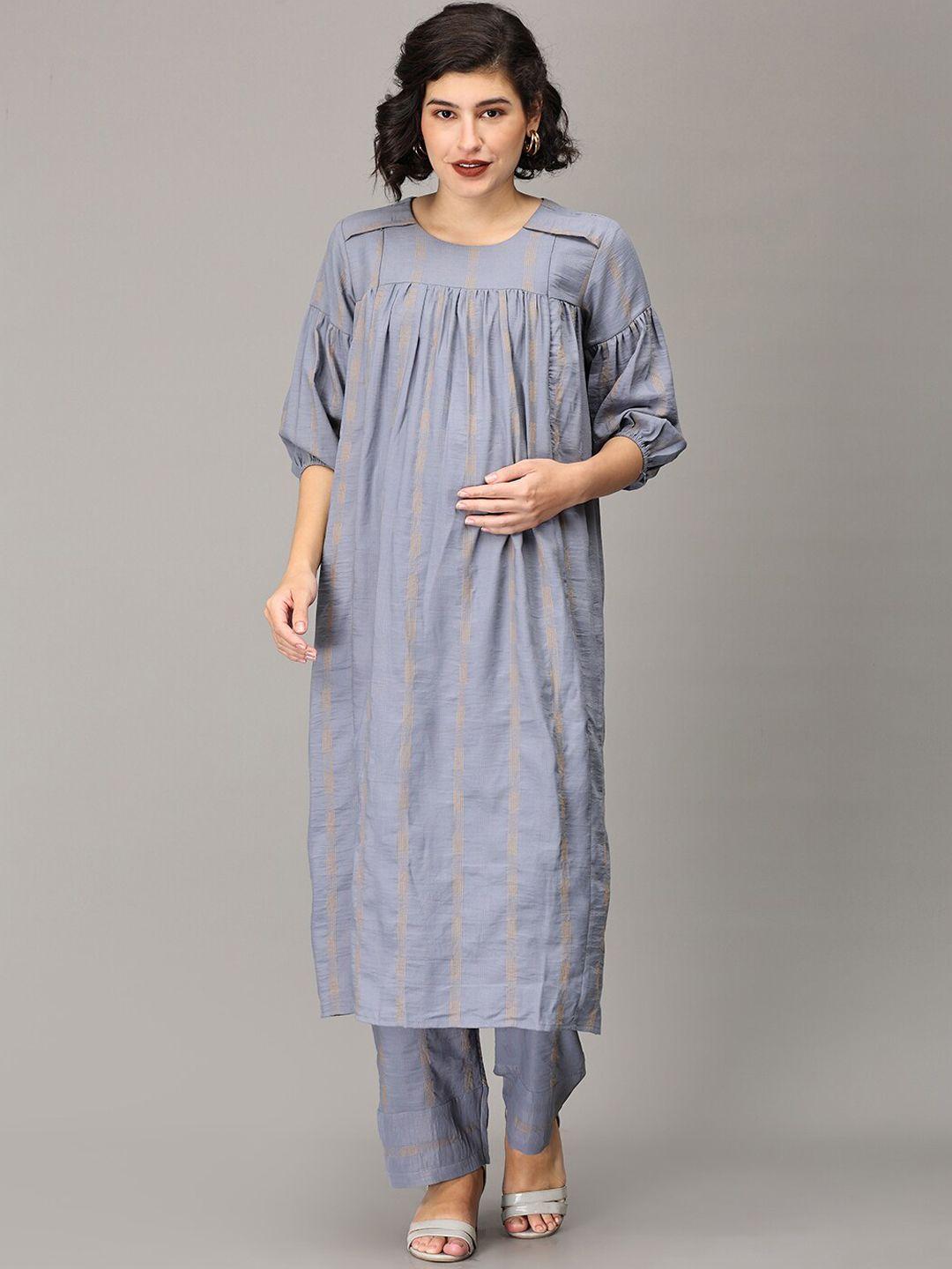 the mom store women grey striped regular kurta with trousers