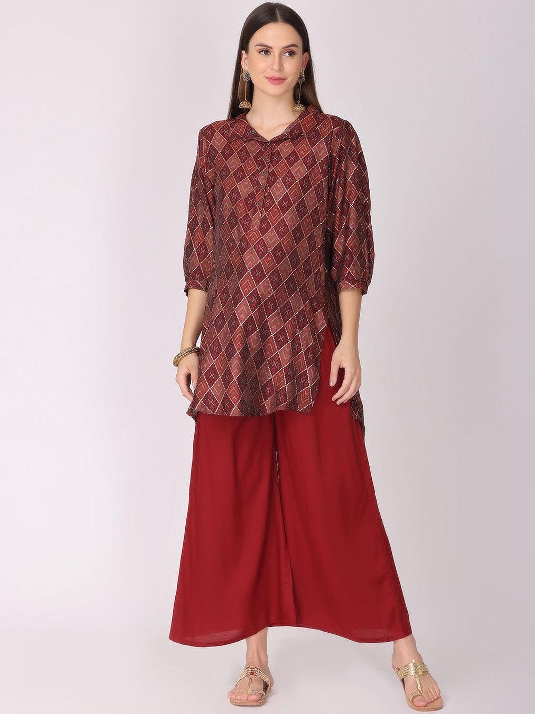 the mom store women maroon embroidered angrakha dupion silk maternity kurti with palazzos