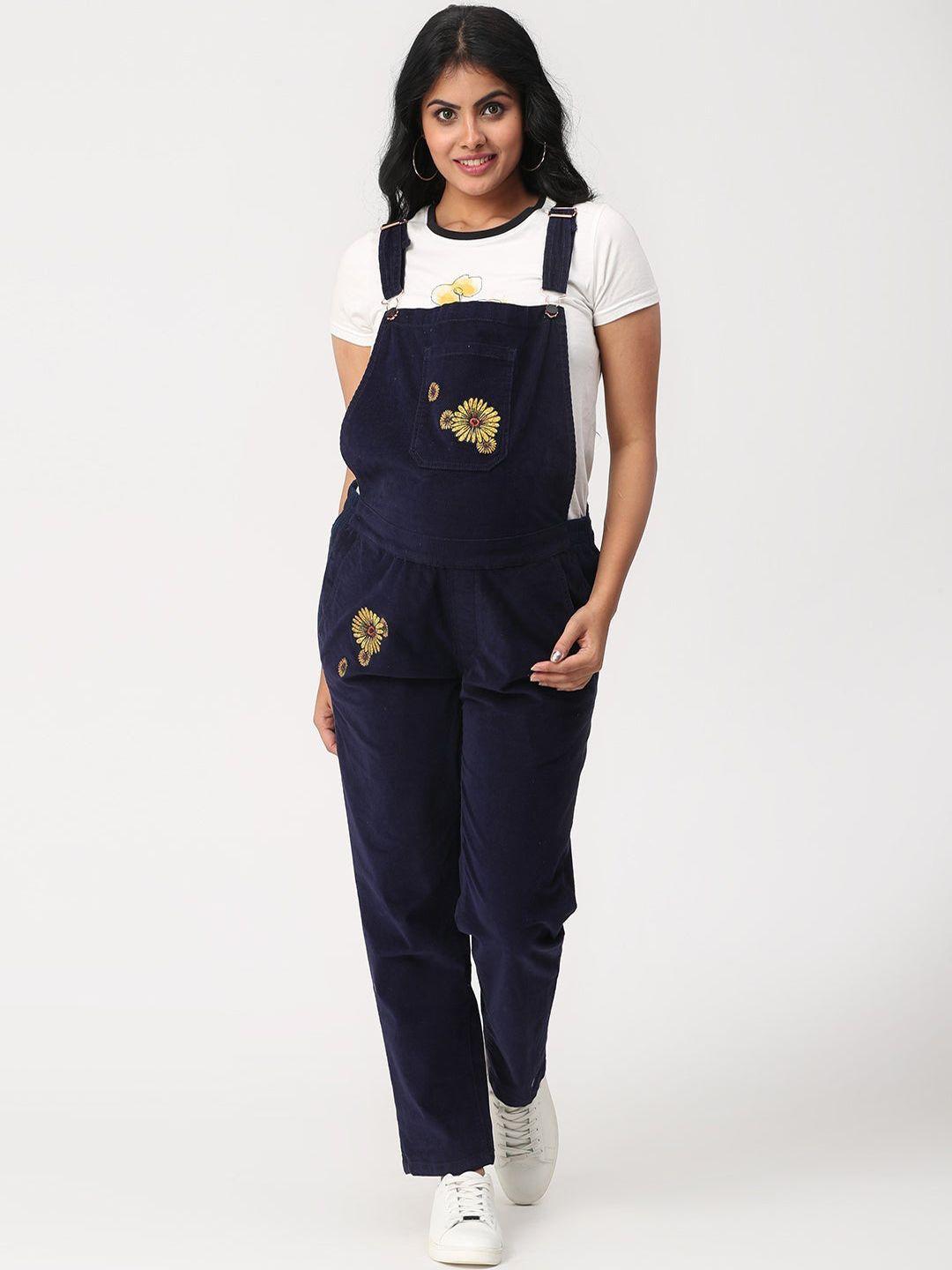 the mom store women navy blue floral embroidered maternity cotton denim dungarees