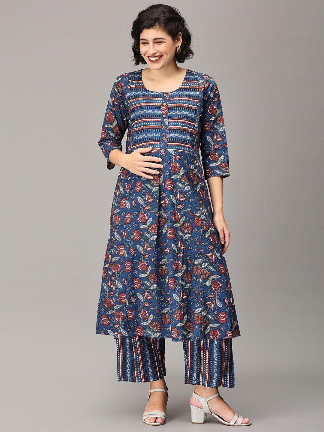 the mom store women navy blue floral printed regular pure cotton kurta with palazzos