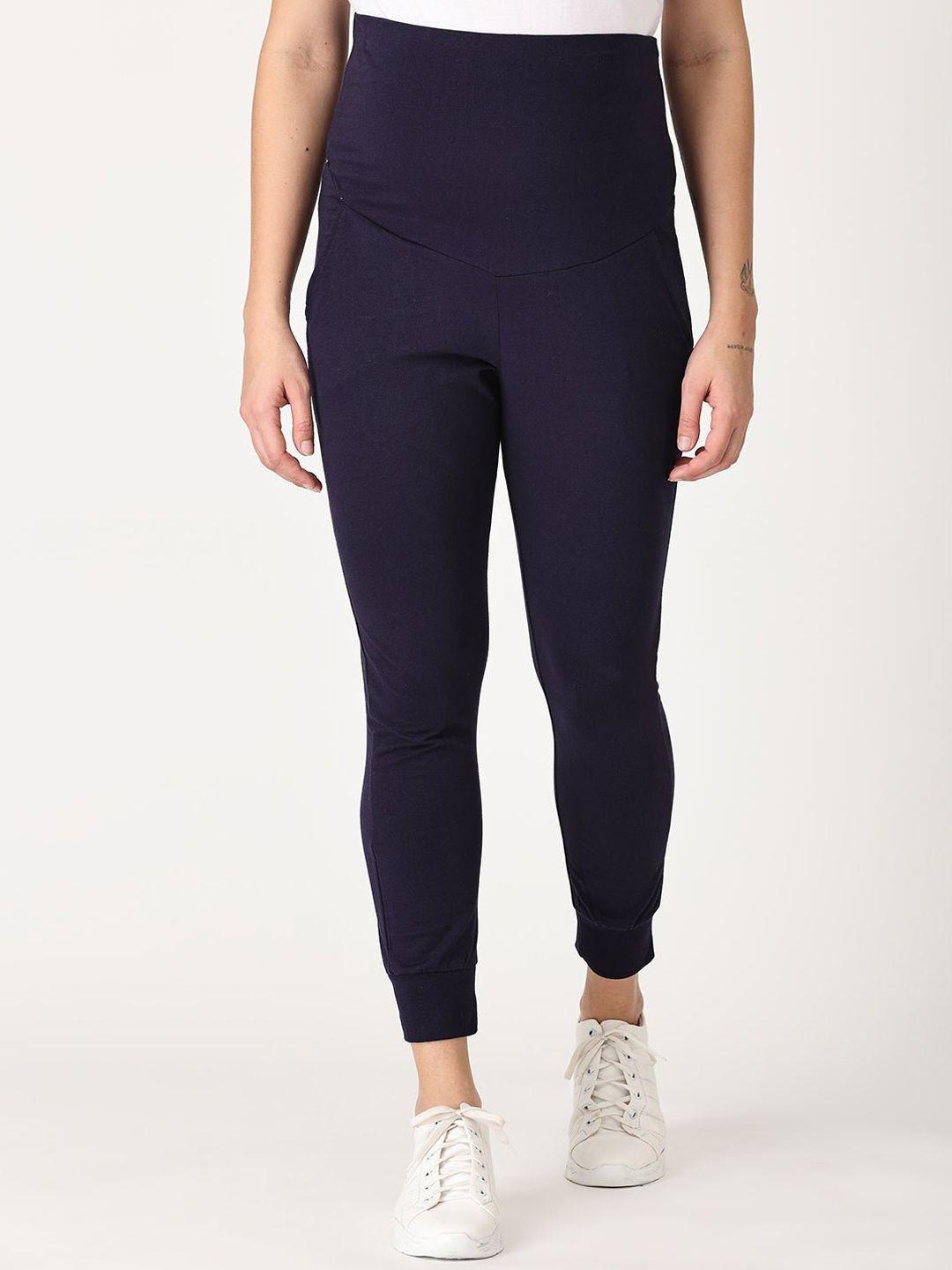 the mom store women navy blue solid cotton maternity joggers