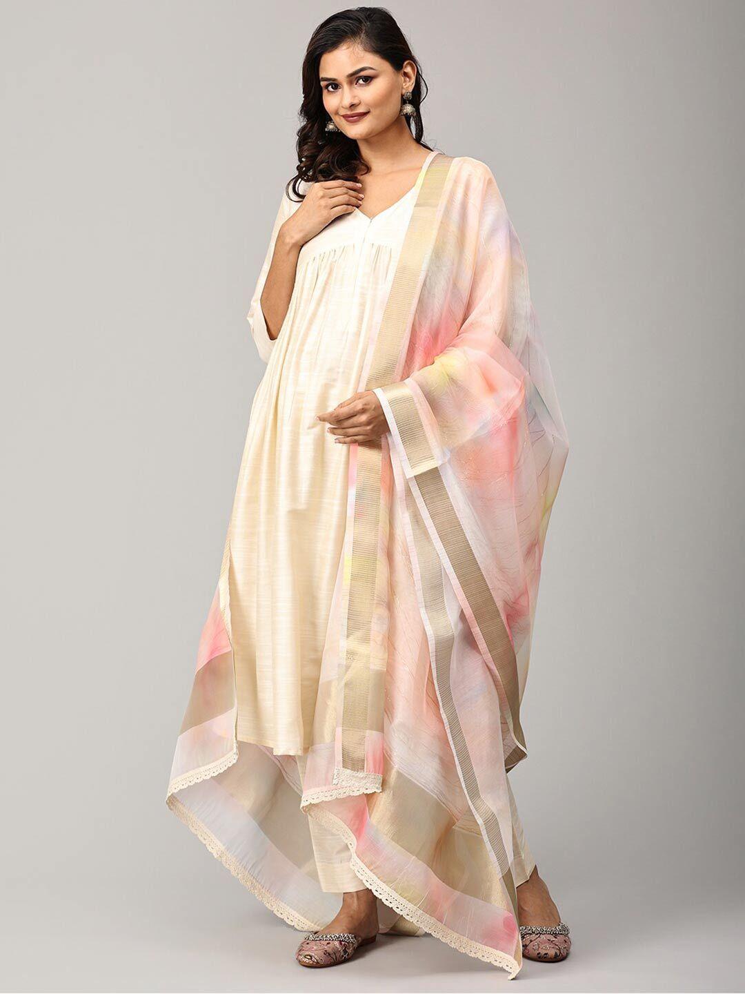 the mom store women off white raw silk with dupatta