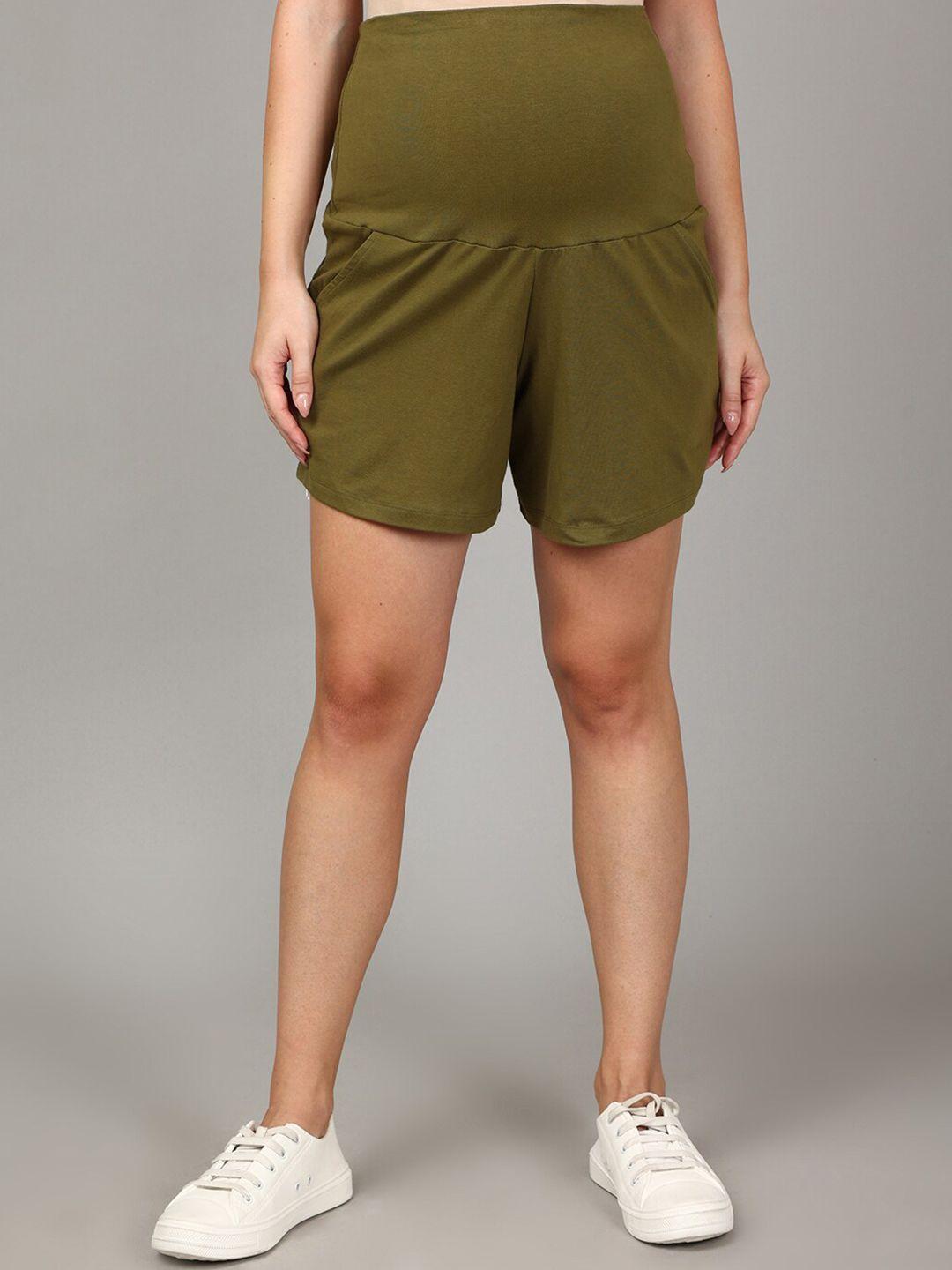 the mom store women olive green high-rise maternity shorts