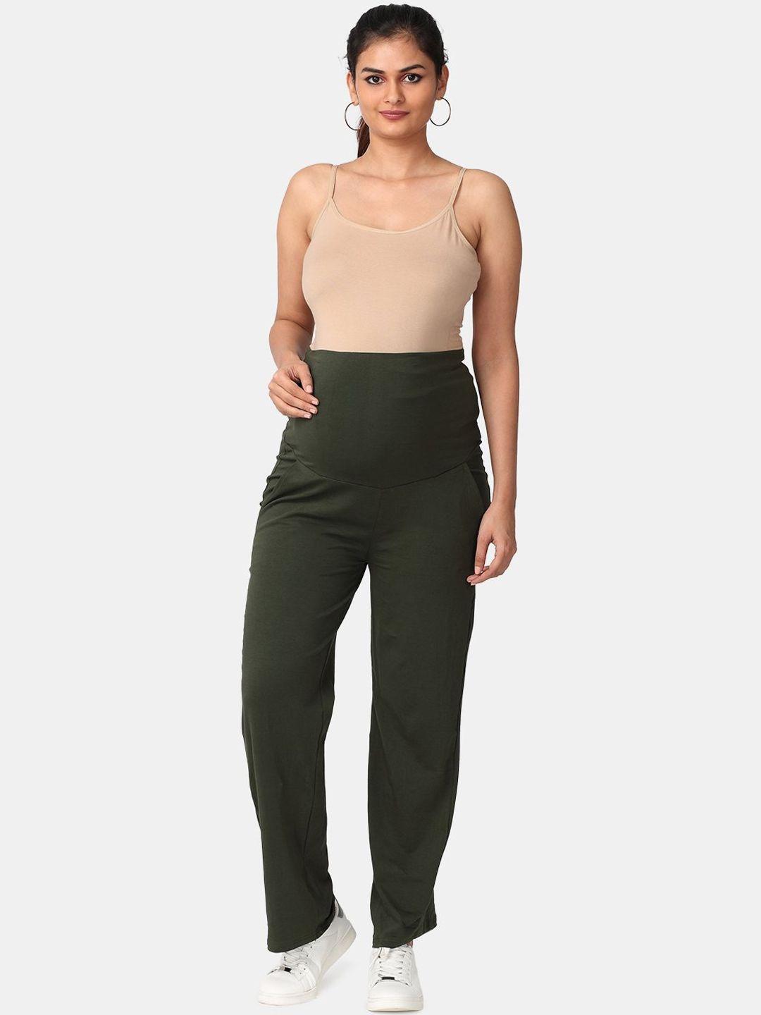 the mom store women olive green solid cotton maternity track pants
