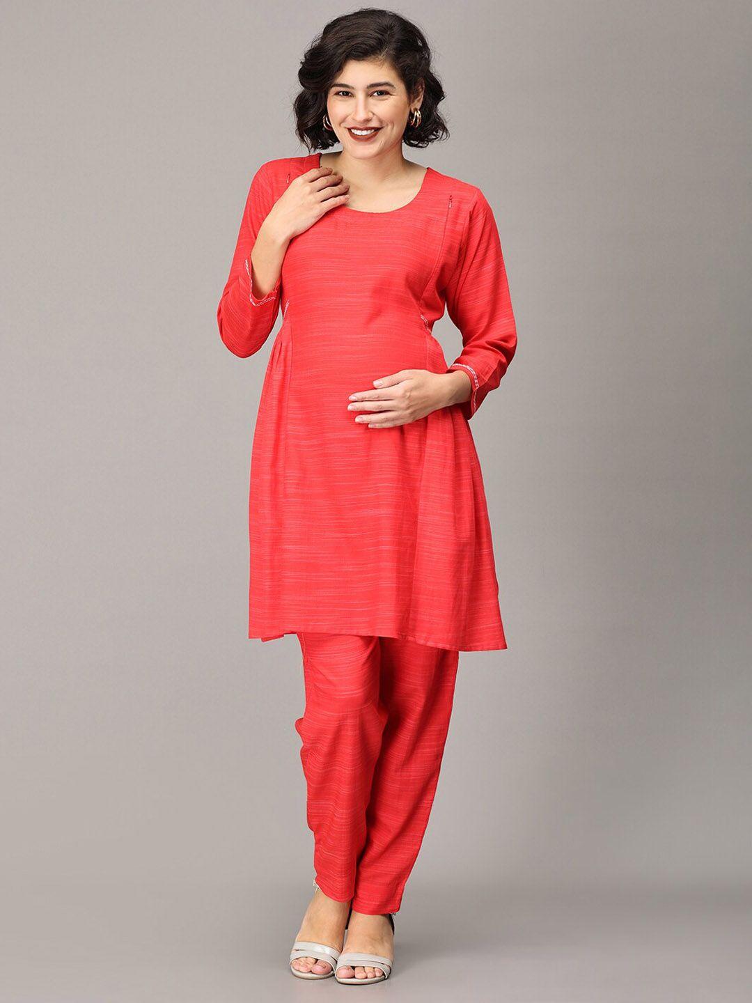 the mom store women red regular pure cotton kurta with trousers