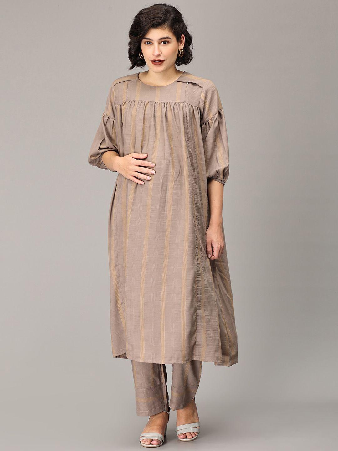 the mom store women taupe striped empire kurta with trousers