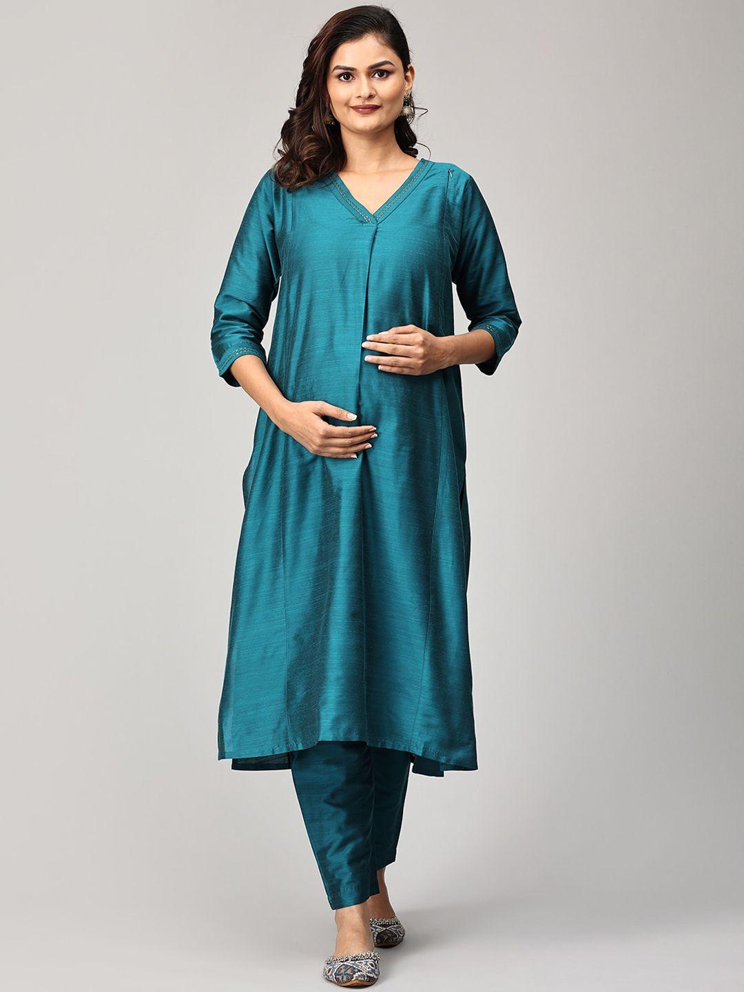 the mom store women teal raw silk