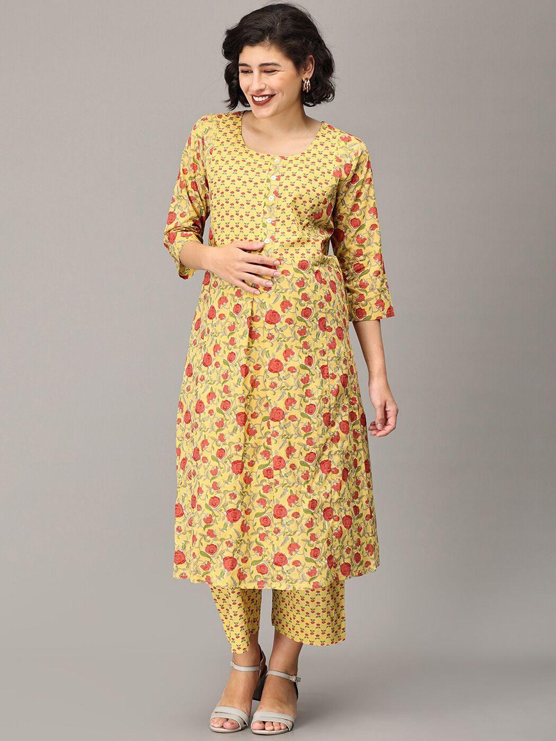 the mom store women yellow floral printed empire pure cotton kurta with palazzos