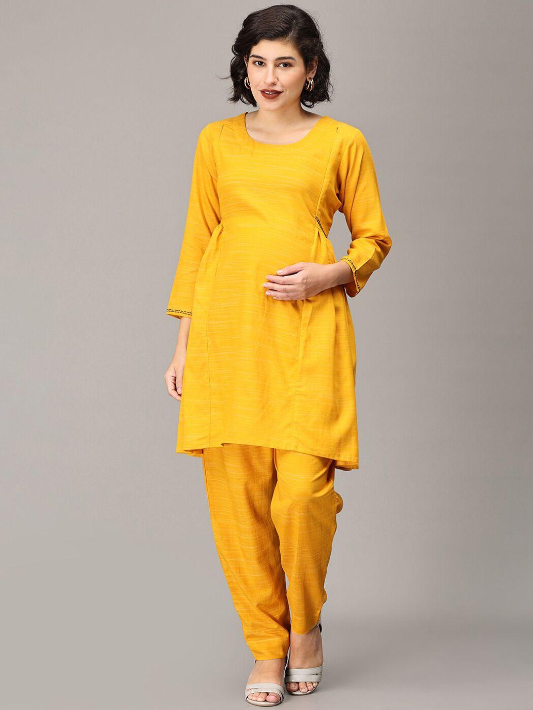 the mom store women yellow regular pure cotton kurta with trousers