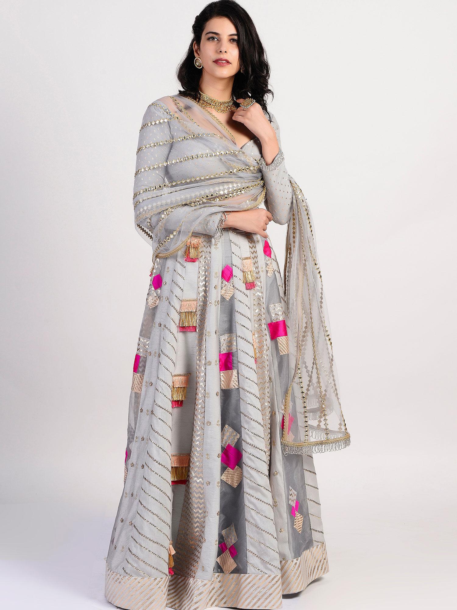 the multi panel grey embellished lehenga with blouse & dupatta - customisable (set of 3)