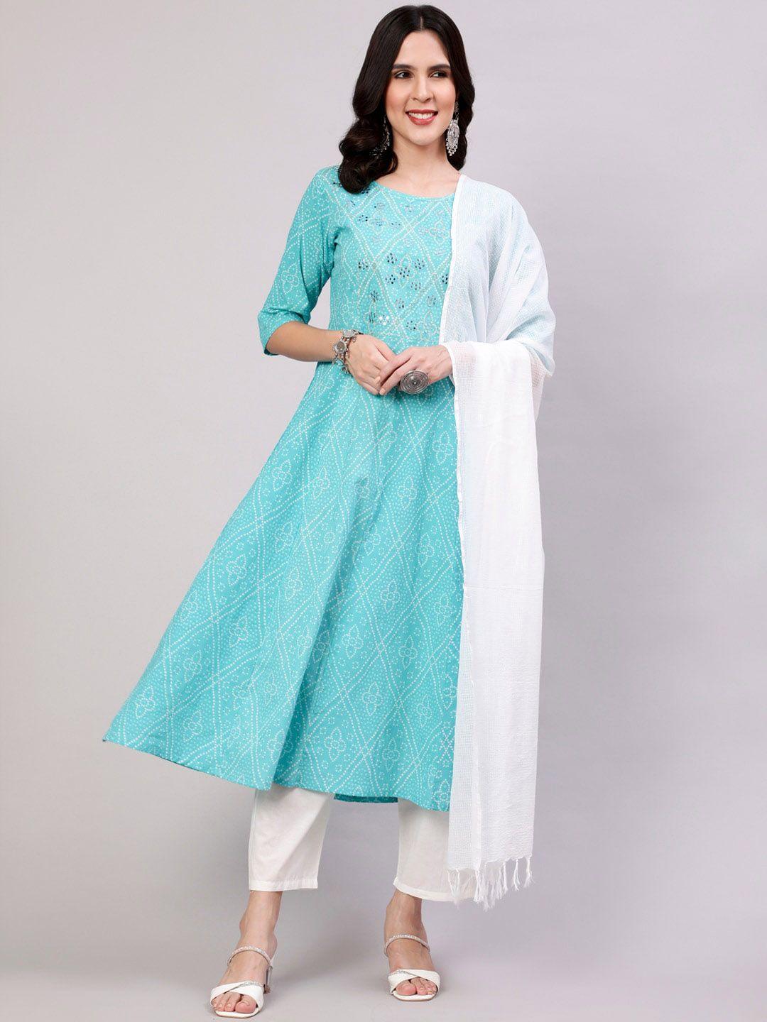 the nks plus bandhani printed mirror work pure cotton kurta with trousers & dupatta