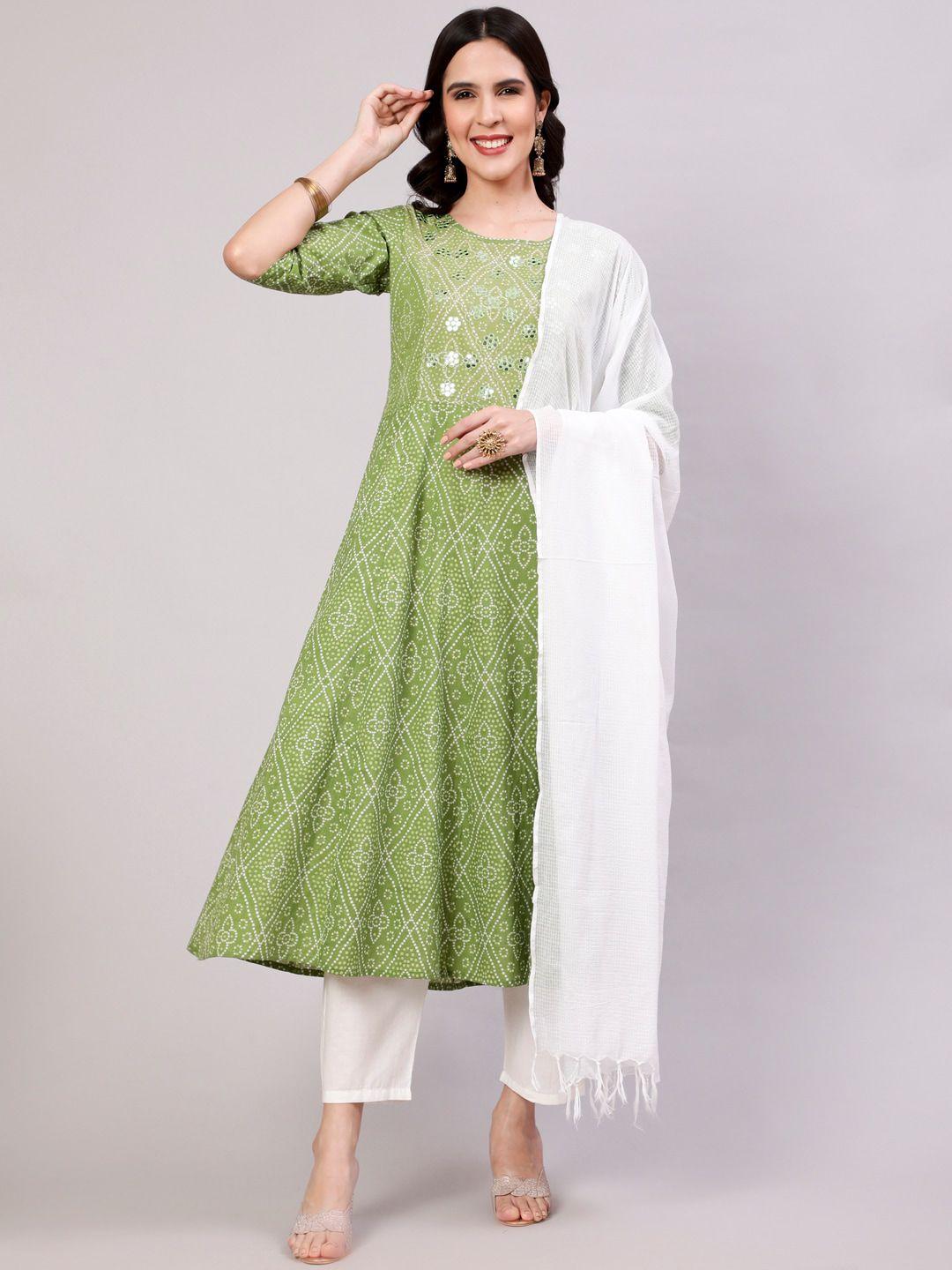 the nks plus bandhani printed mirror work pure cotton kurta with trousers & dupatta