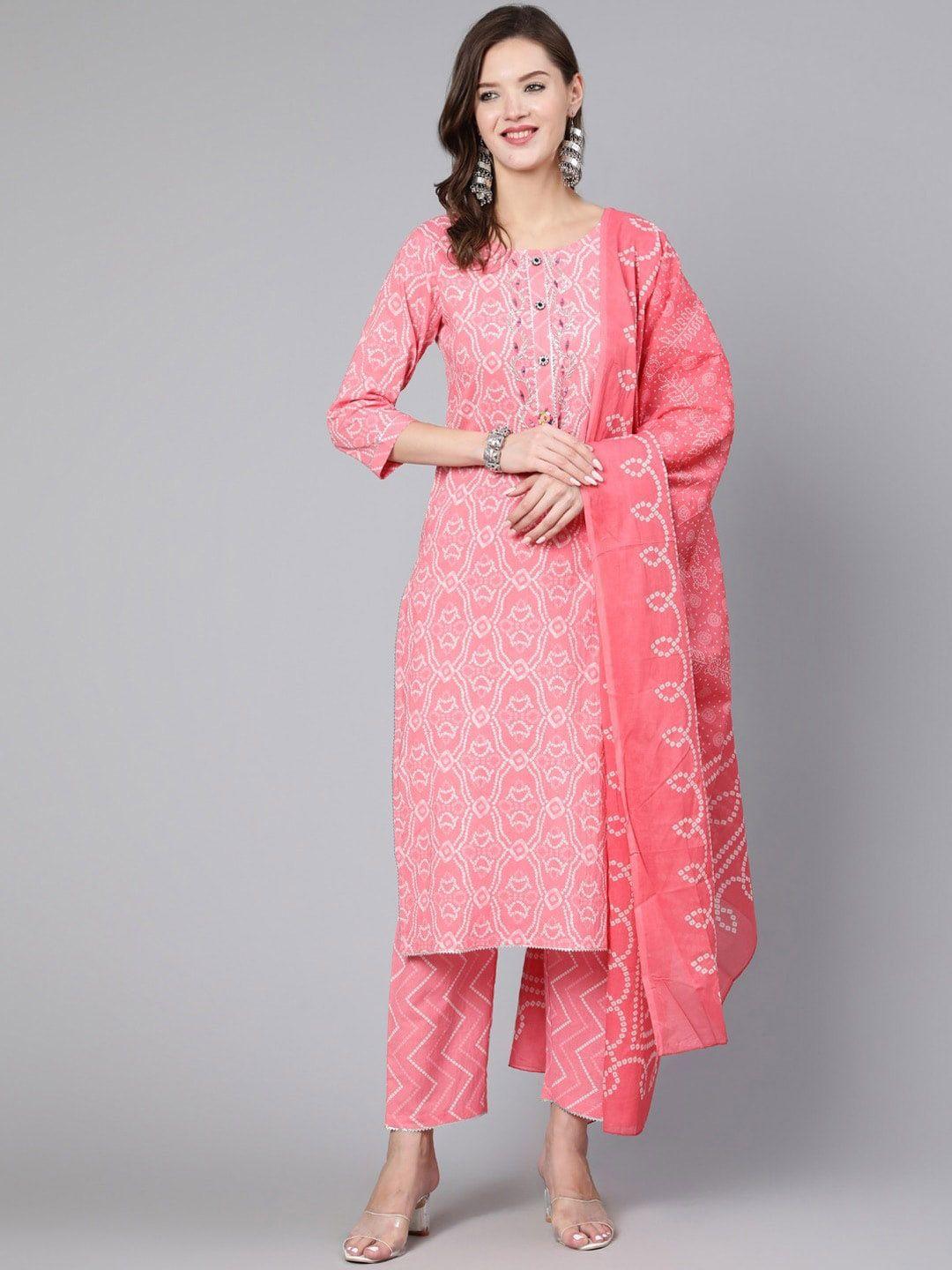 the nks plus bandhani printed pure cotton kurta with trousers & dupatta