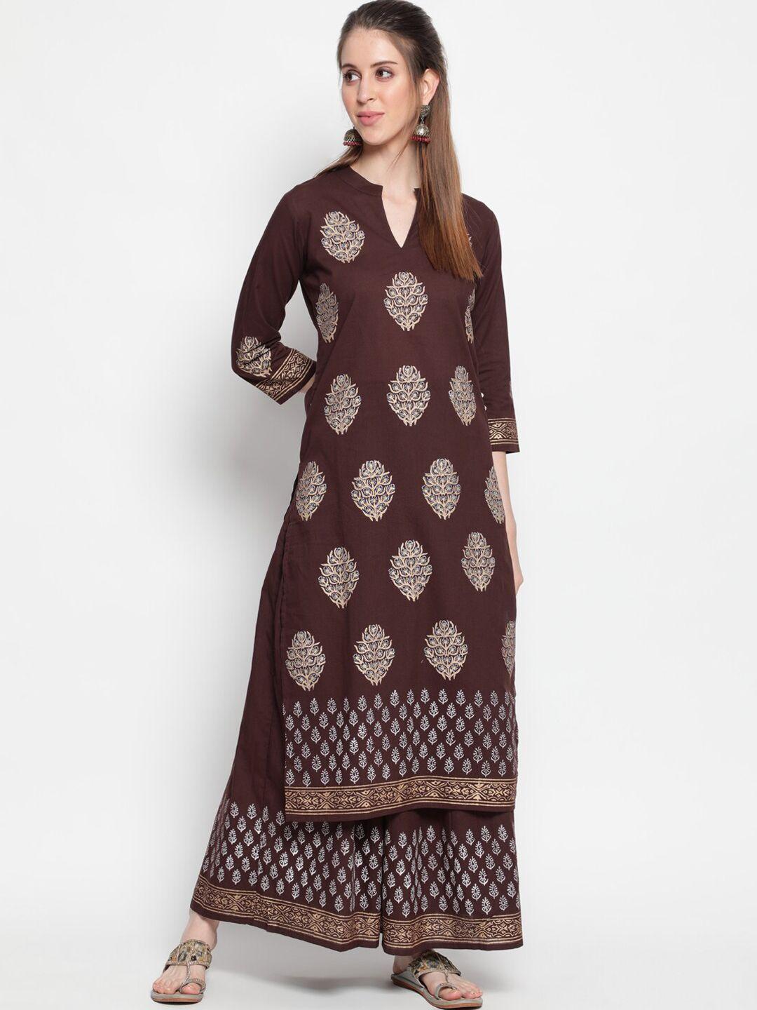 the nks plus coffee brown ethnic motifs printed pure cotton kurta with skirt