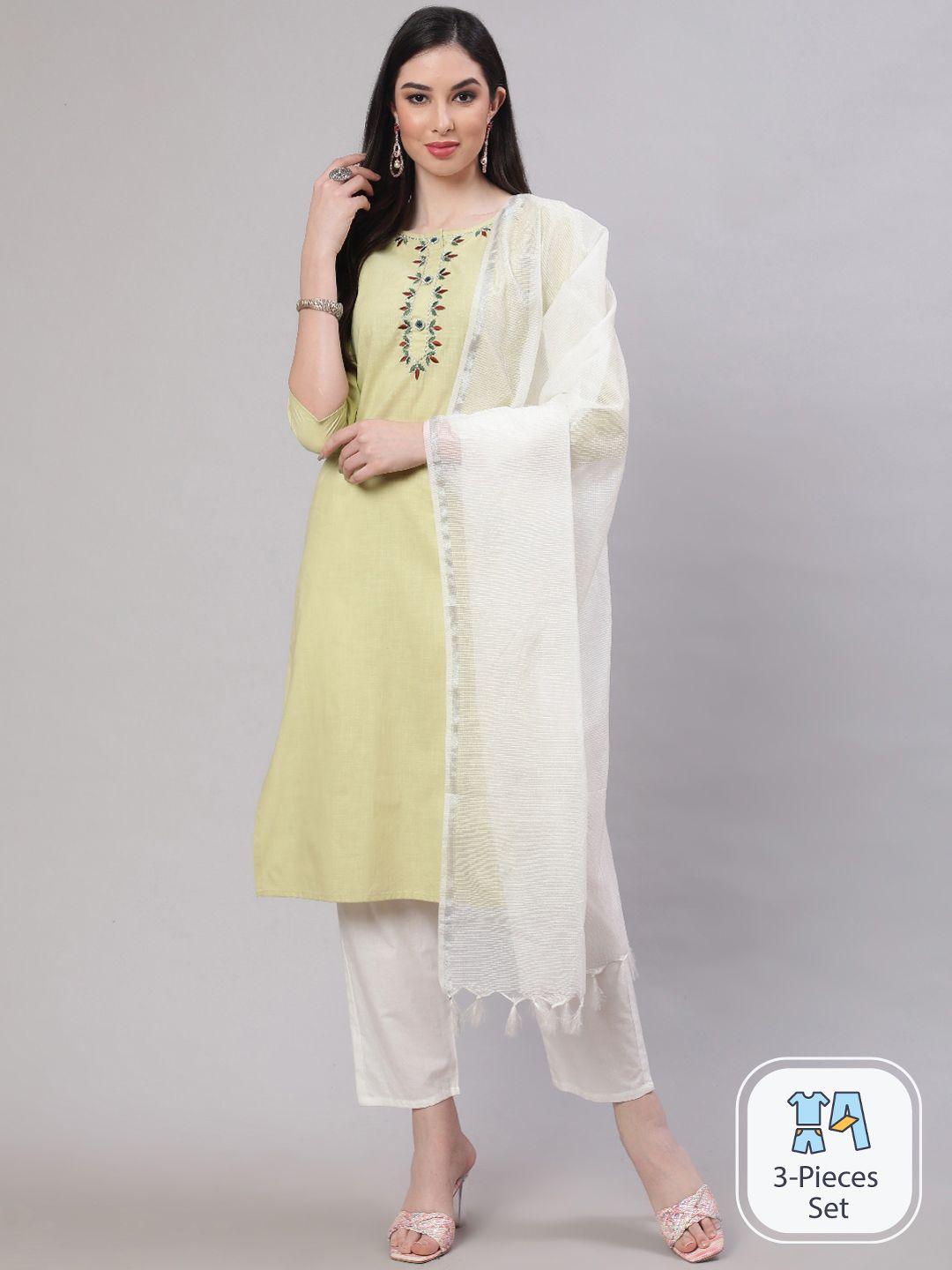 the nks plus ethnic motifs embroidered pure cotton kurta with trousers & dupatta